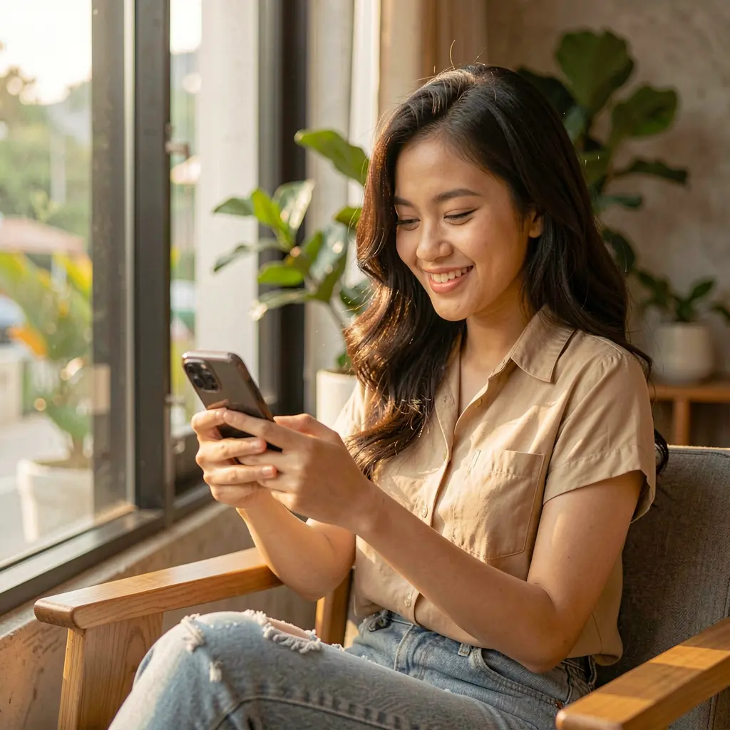 Happy Filipino woman browsing casino games on the J188 app with her smartphone in a cozy modern setting