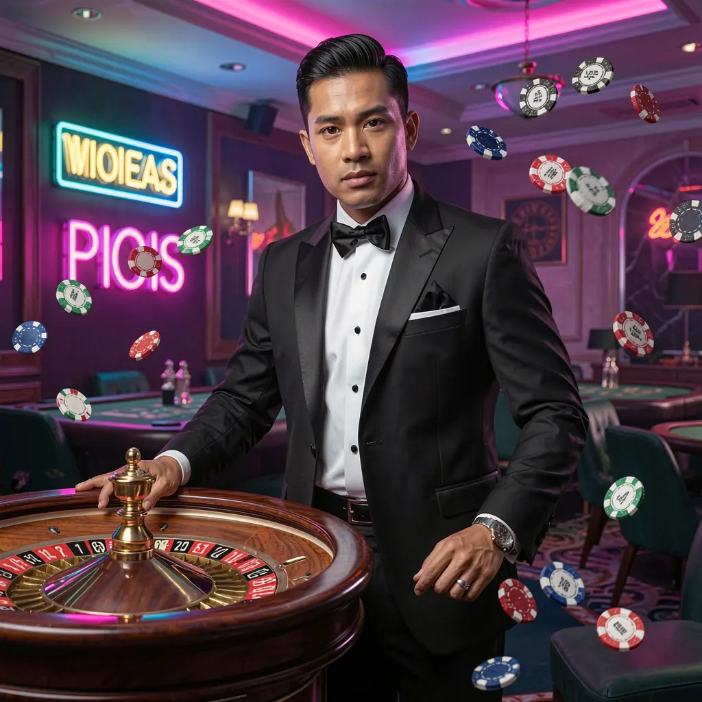 Confident casino dealer in a classic tuxedo standing at a roulette table with dynamic lighting and intense gameplay atmosphere representing the high quality live casino experience at J188 for players in the Philippines