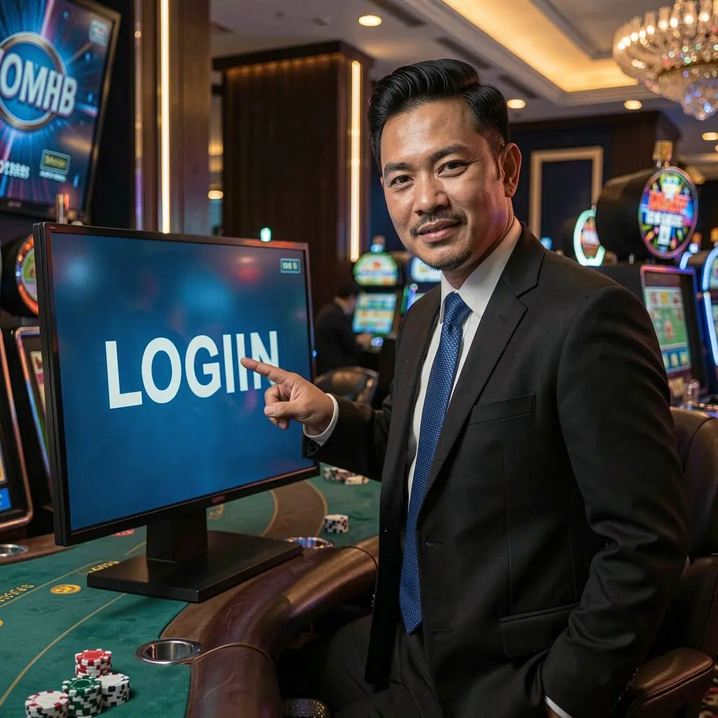 Stylish Filipino casino dealer pointing at a glowing login screen inside a modern J188 casino environment